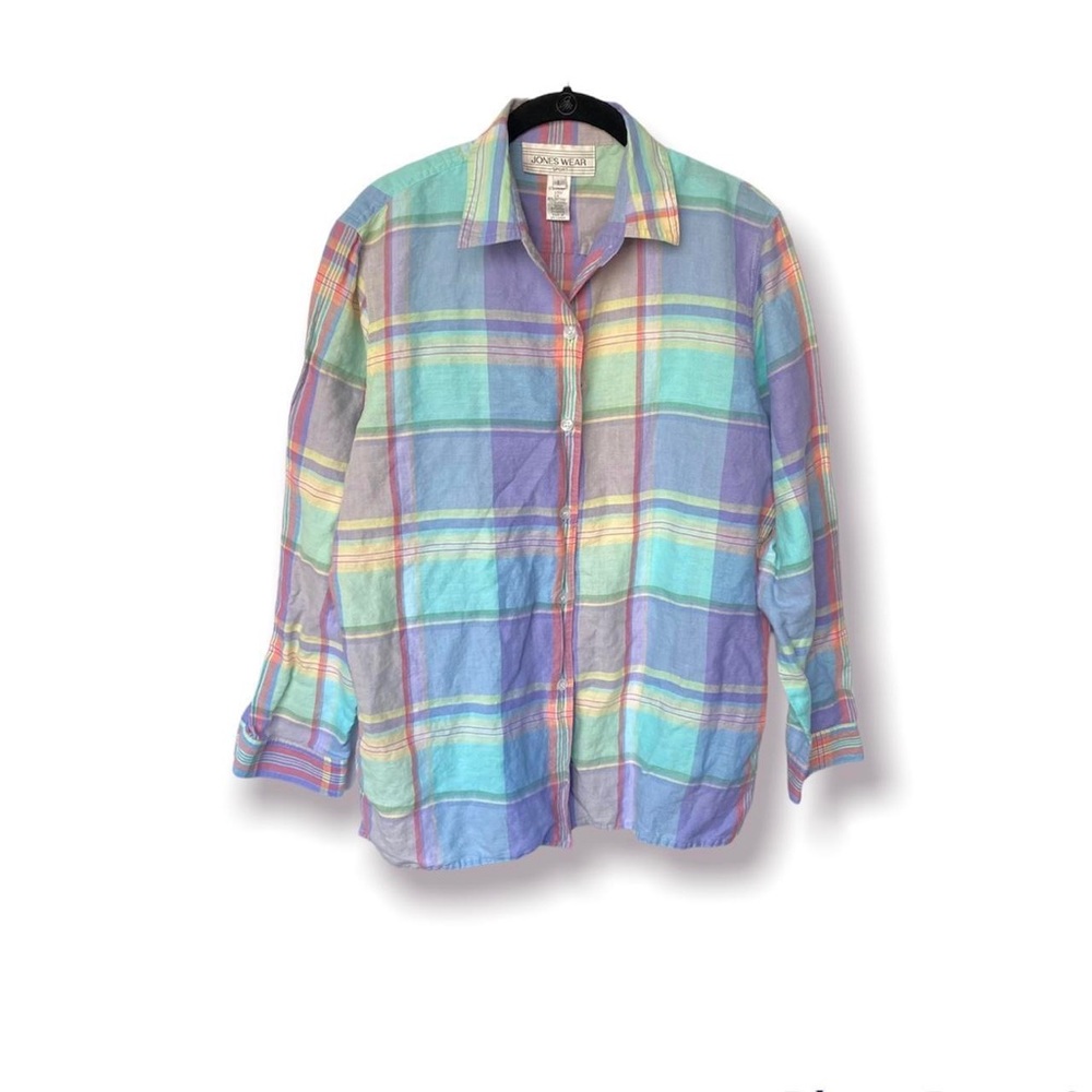 Vintage pastel colored plaid linen button down shirt! - L